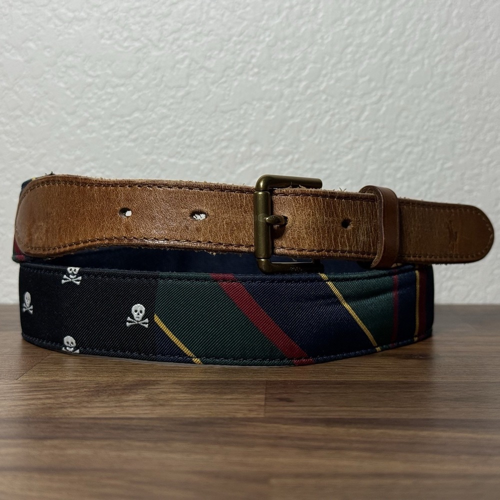 Polo Ralph Lauren Men 36 Belt Varsity Collegiate Skulls Patchwork Fabric/Leather